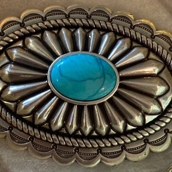 Vintage Metal Belt Buckle, Nice Silver and Blue Turquoise Stone Design, Nice - Picture 1 of 4